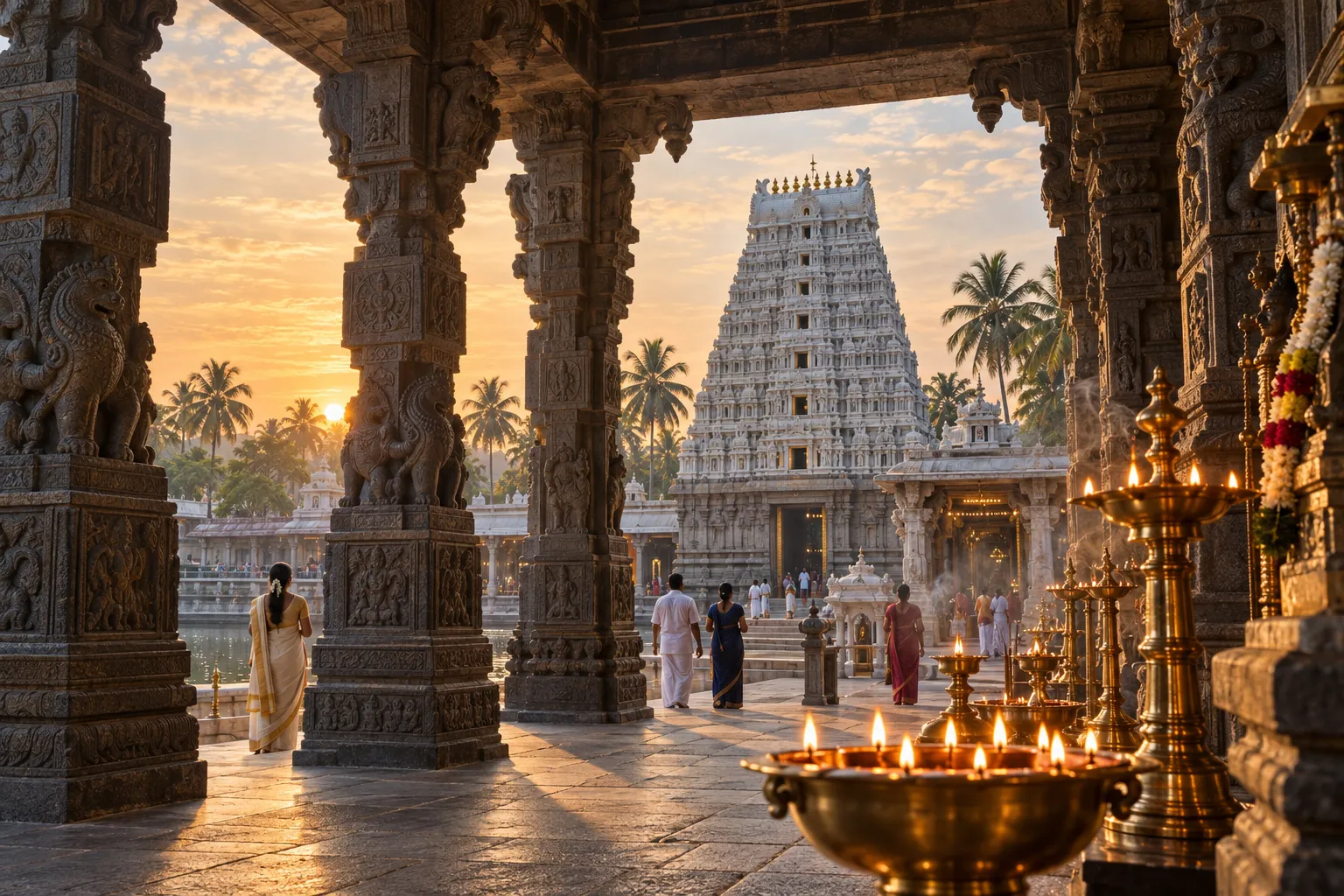 தென்னிந்திய கோவில் முற்றத்தின் கலைநயப் படம்